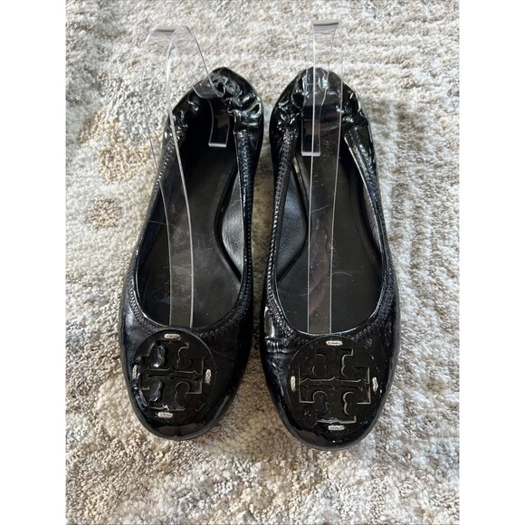 Tory Burch Shoes - Tory Burch Reva Black Patent Leather Logo Ballet Flats Shoes Size 11 Womens